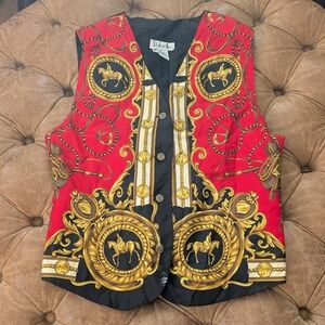 VTG Rafaella 100% Silk Red Gold Equestrian Button Up Vest Unisex Sz Med Elegant